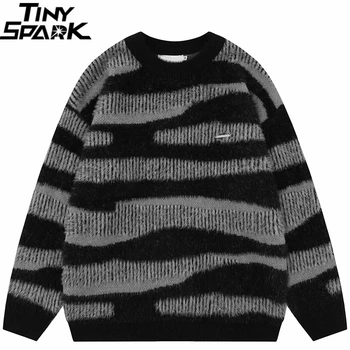 2023 Мужская уличная одежда, свитер в полоску под зебру, Пушистый вязаный свитер, пуловер в стиле хип-хоп, хлопковый свитер в стиле харадзюку, Мягкий Y2K, черный