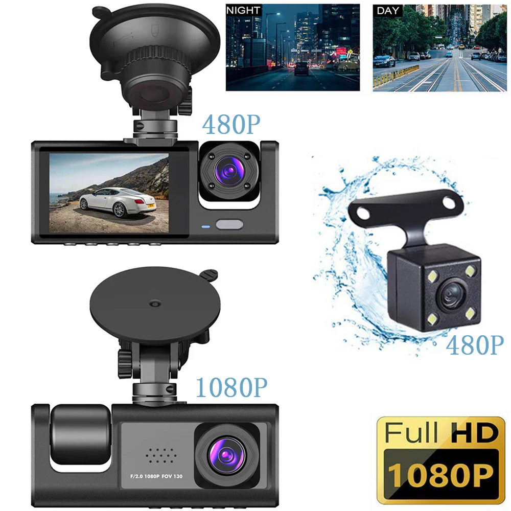 3-канальный видеорегистратор HD 1080P, передняя камера заднего вида, видеорегистратор ночного видения, 3-объективный автомобильный видеорегистратор, монитор парковки 24 часа, многоязычный