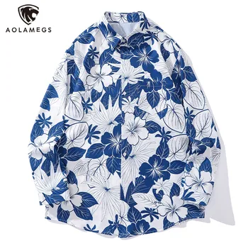 Винтажная уличная одежда, сине-белые рубашки с длинными рукавами и цветочными листьями с графическим принтом, осенние Модные гавайские рубашки с пуговицами на лацканах