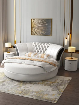 Кожаная большая круглая кровать Двуспальная кровать европейского роскошного отеля, кровать для пары, современная простая круглая кровать принцессы в главной спальне