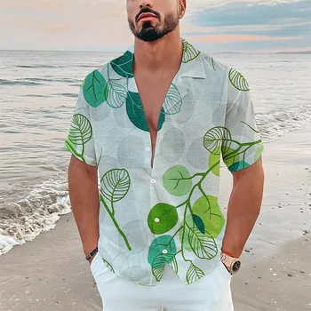 Летние мужские рубашки 2023 года с 3D-цифровой печатью, Рубашки с коротким рукавом и принтом в виде цветочных листьев, мужские рубашки с откидным воротником.