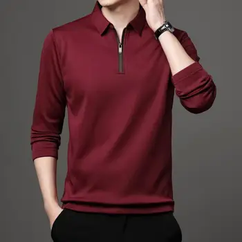 Рубашка с вырезом на молнии, приталенная атласная мужская офисная футболка с длинным рукавом, стильные рубашки в деловом стиле с отложным воротником